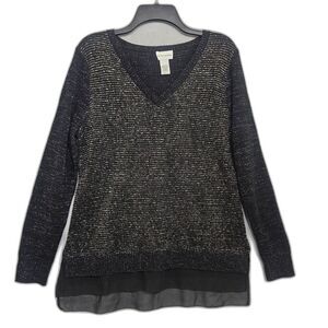 Soft Surroundings Christmas Sparkle Sweater Wool Blend Women's L V-Neck Black